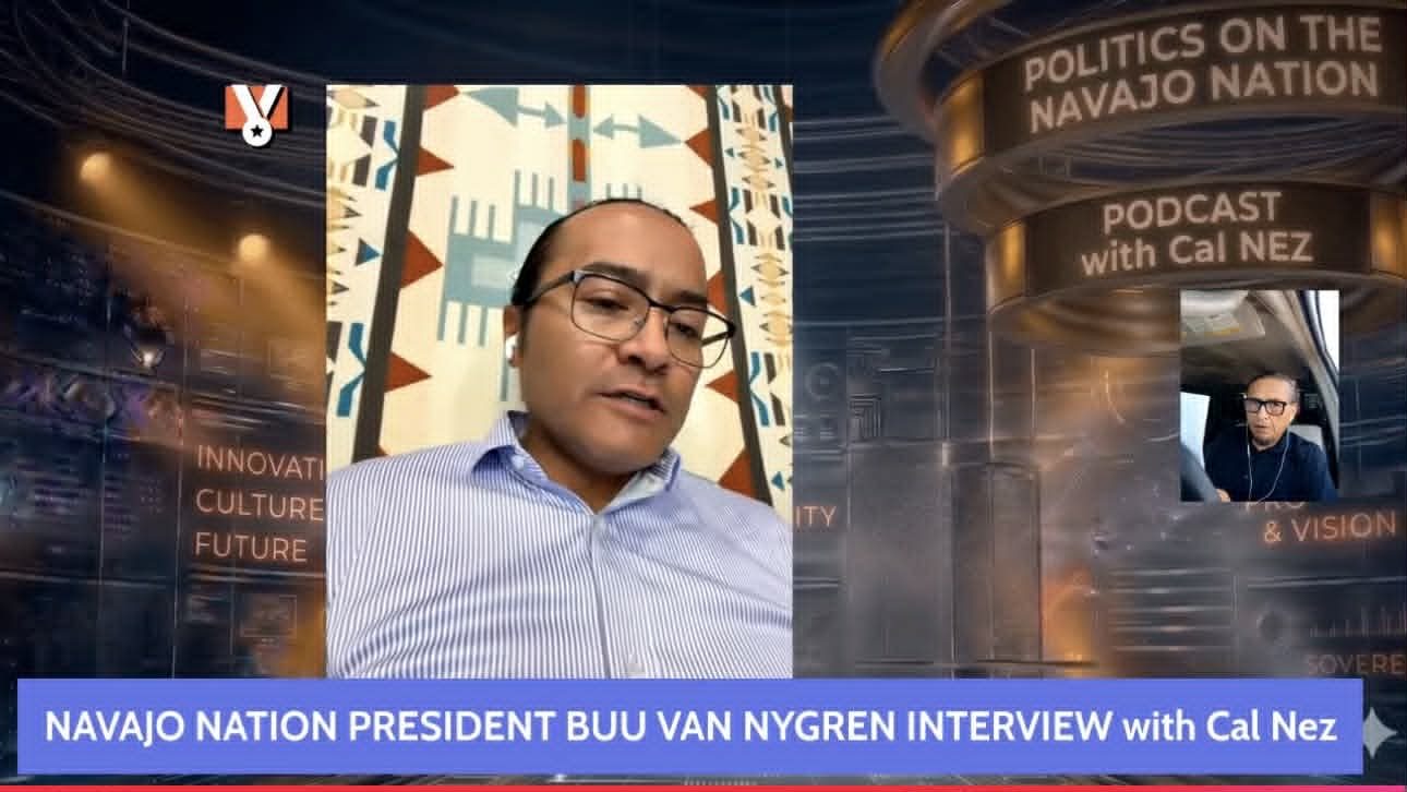 President Buu Nygren and Cal Nez on screen during the Politics on the Navajo Nation interview — tap to watch